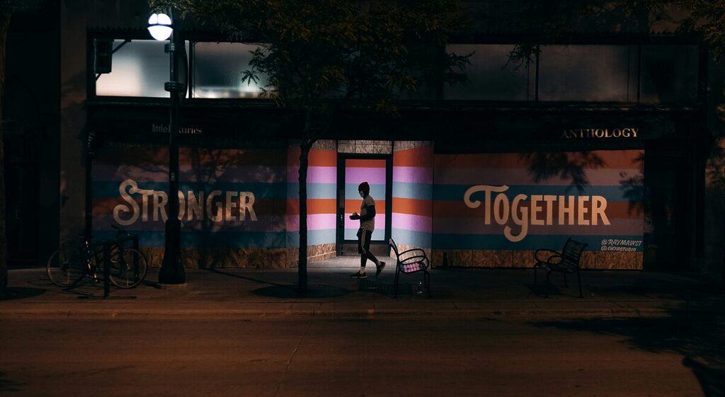"Stronger TOgether" written on wall, speaking against all forms of discrimination.